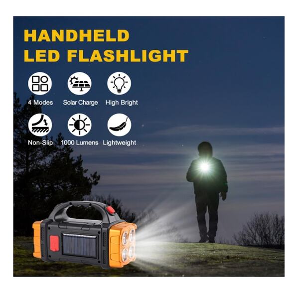 Solar LED Flashlight, HighLumen Rechargeable Spotlight, 4 Light Mode Searchlight - Picture 5 of 6